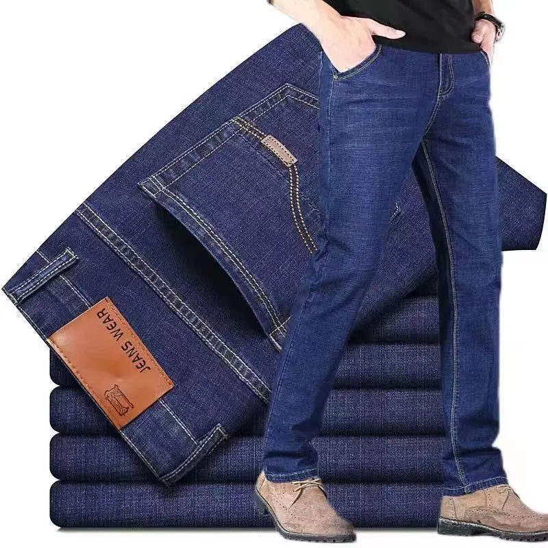 Men's jeans, casual straight leg, elastic, fashionable, classic, blue and black work denim pants, men's brand clothing