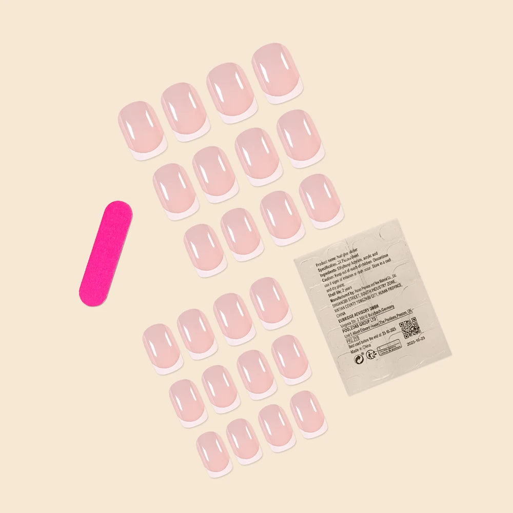 24Pcs/Set Women Girls Short French Light Blue Pink Dual Color Glossy Surface Full Coverage Wearable Fake Nail Press on Nail Art