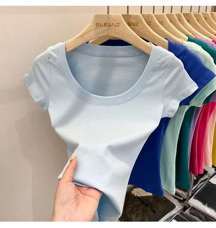 Women's Clothing U-neck T-Shirts Tops Tees pure cotton shoulder sleeved summer solid color slimming short low neck bottom shirt