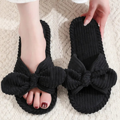 Summer House Slippers for Women Corduroy Cross Bow Indoor Slippers Slip On Bedroom Shoes with Soft Memory Foam Anti-Skid Shoes