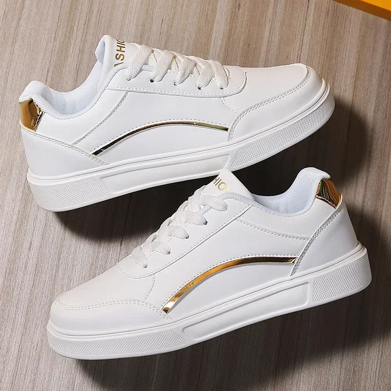 Women Casual Shoes Lace Up White Shoes Board Flat Female White PU Leather Walking Sneakers Thick Sole Outdoor Luxury Fashion