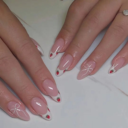 Nude Pink Almond Fake Nails Women Simple Charm Manicure Full Cover Press on Nails Bowknot Printed Detachable False Nails 24Pcs