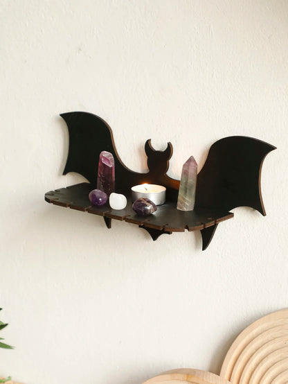 Wooden Shelf Gothic Bat Wall Hanging Decor Black Floating Shelves Display Stand Crystal Holder Witch Home Decor Halloween Decor