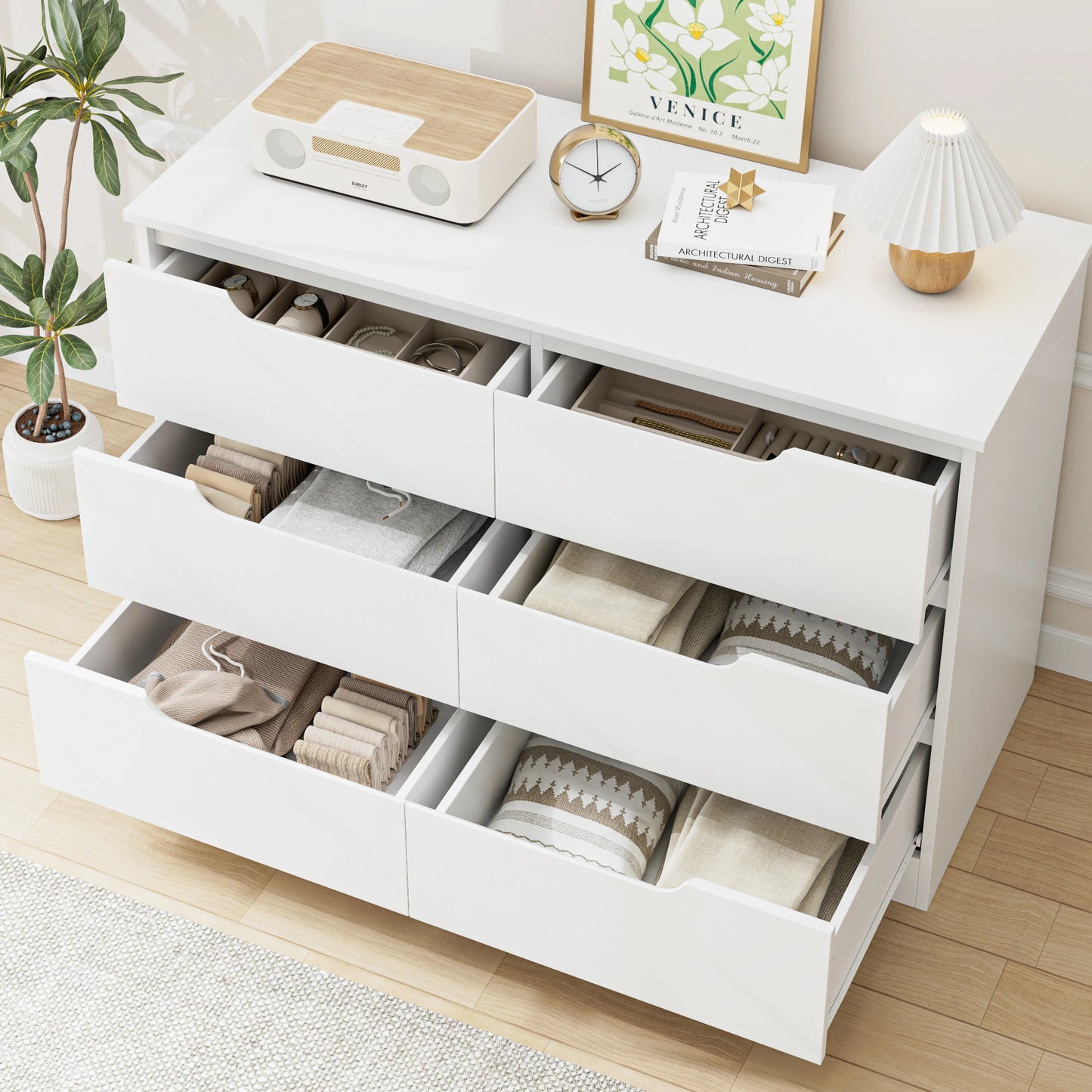 Dresser with 6 drawers, Bedroom Dresser, Dresser White with drawers for dining room, kitchen, living room, wood, modern
