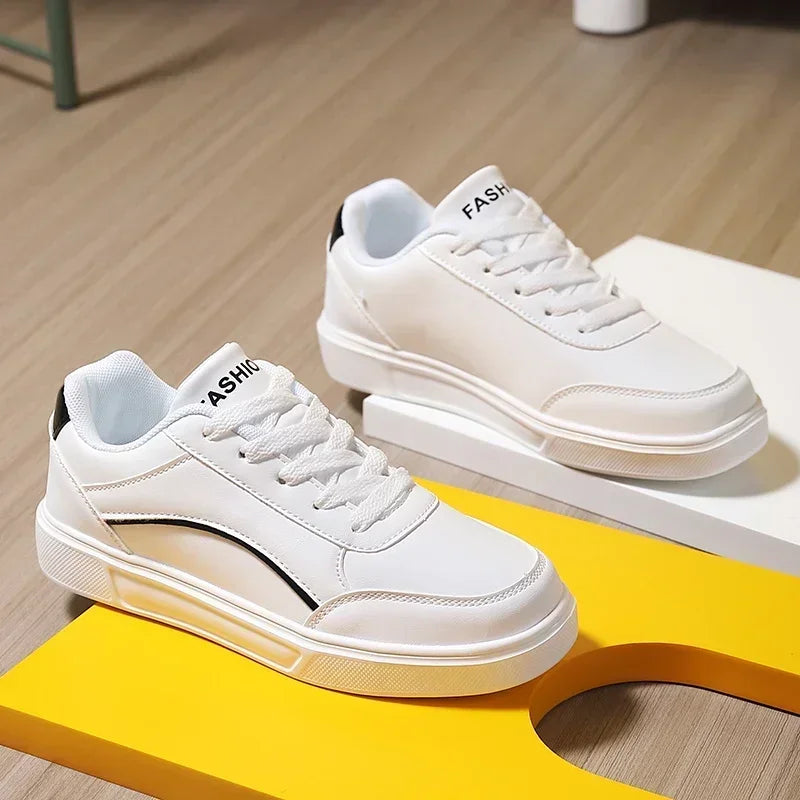 Women Casual Shoes Lace Up White Shoes Board Flat Female White PU Leather Walking Sneakers Thick Sole Outdoor Luxury Fashion