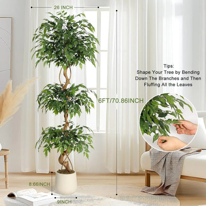 Ficus Tree Artificial, 4FT/5FT/6FT Artificial Plants Indoor in Sturdy White Pot,Indoor Faux Green Tree for Home Decor Indoor