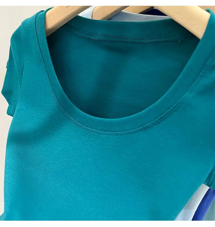 Women's Clothing U-neck T-Shirts Tops Tees pure cotton shoulder sleeved summer solid color slimming short low neck bottom shirt