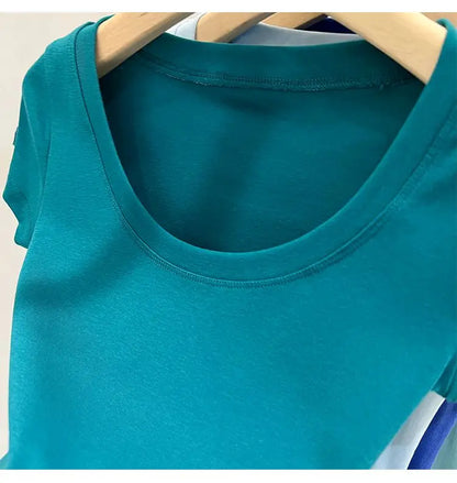 Women's Clothing U-neck T-Shirts Tops Tees pure cotton shoulder sleeved summer solid color slimming short low neck bottom shirt