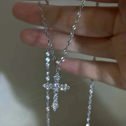 Shiny Crystal Zircon Cross Pendant Necklace for Women Girls Punk Silver Color Thin Chain Necklace Party Jewelry Birthday Gift