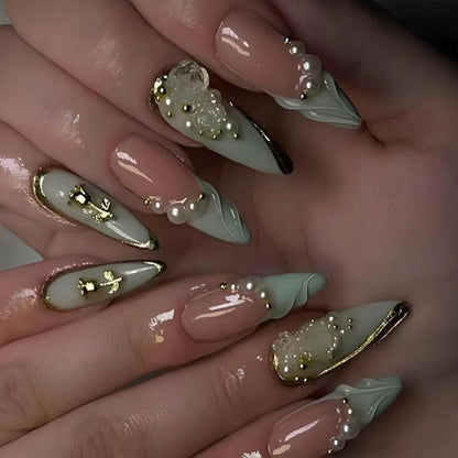 24 fake nails, duck nails almond nails fashionable wearable nails, ladies press nails, including 1 nail glue and 1 nail file