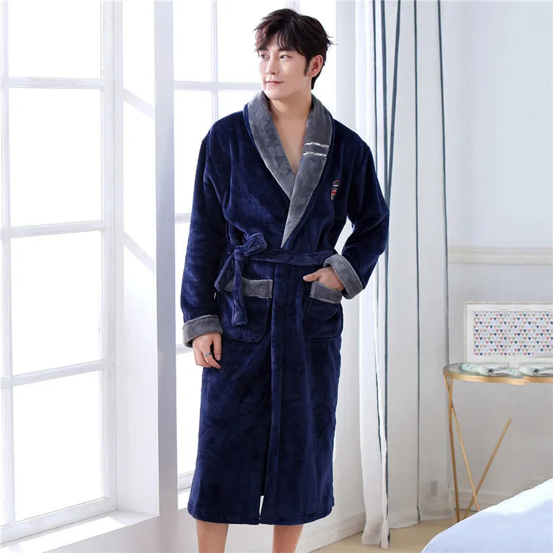 Plus Size Thick Flannel Men Robe Kimono Bathrobe Gown Coral Fleece Sleepwear Home Clothes Autumn Winter Nightwear Lounge Wear