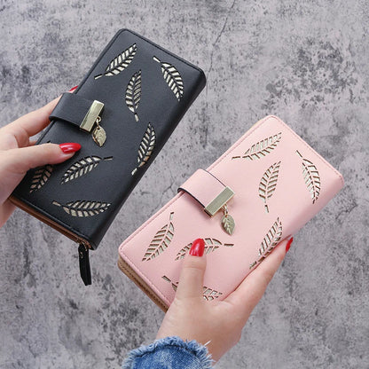 2024 new women's purse sweet lady PU leather horizontal zipper women's medium long hollow leaf purse