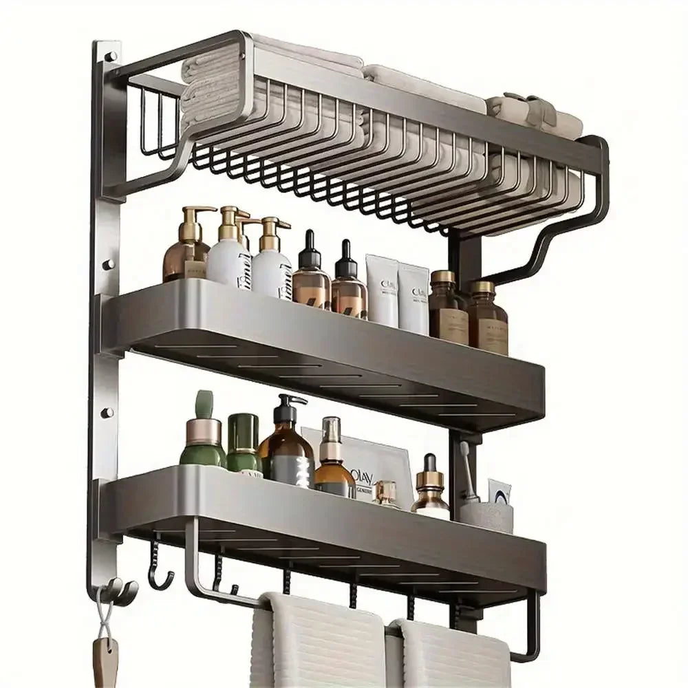 Bathroom Space Storage Towel Items Storage Rack Shampoo Bottle Mouthwash Cup Triple Shelf Wall Hooks Bathroom Accessories