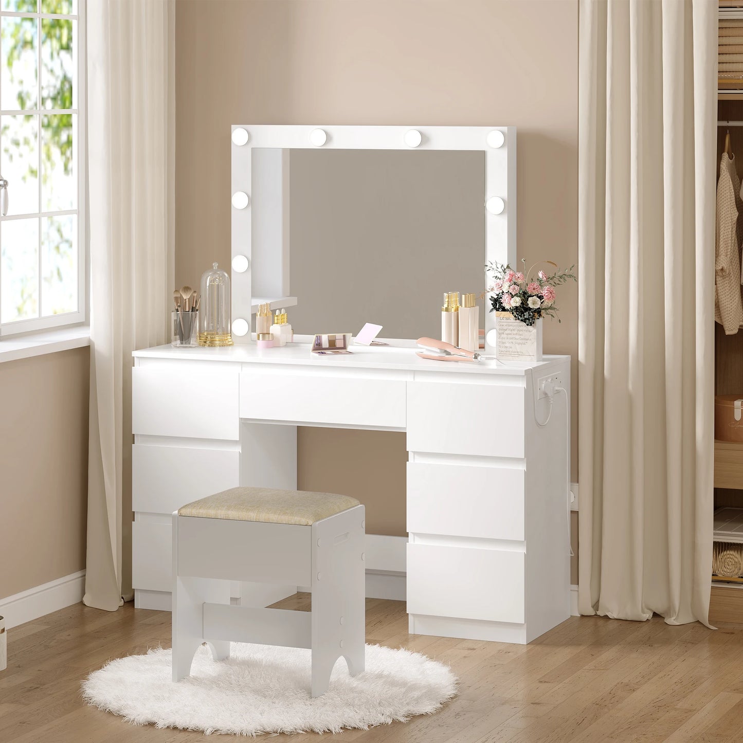 WOLTU Vanity Makeup Desk with LED Lights and Charge Socket Dressing Table with Large Mirror Modern 7 Drawers Bedroom Dresser