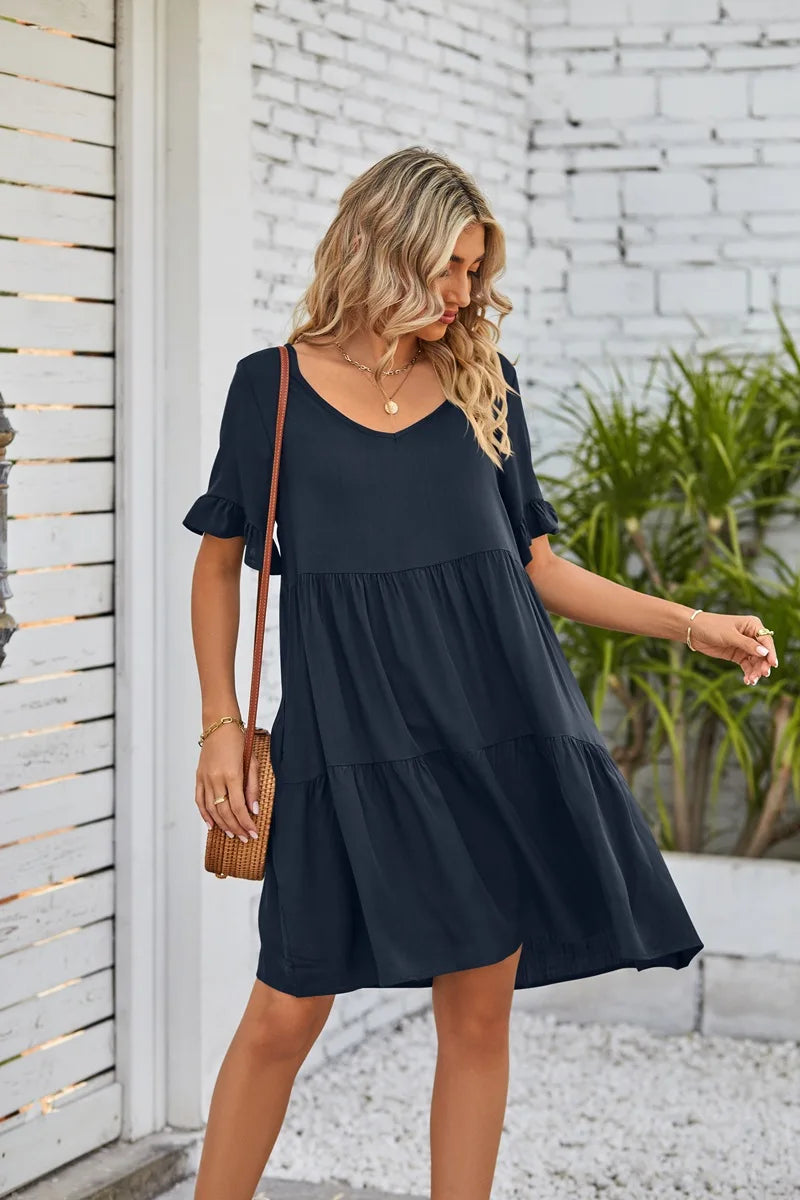 Women Clothes Summer Ruffle V Neck Short Sleeve Solid Cotton Beach Midi Dress Trendy Loose Simple Elegant Party Dresses Vestidos