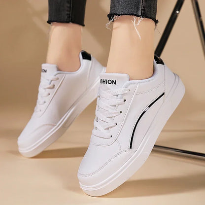 Women Casual Shoes Lace Up White Shoes Board Flat Female White PU Leather Walking Sneakers Thick Sole Outdoor Luxury Fashion