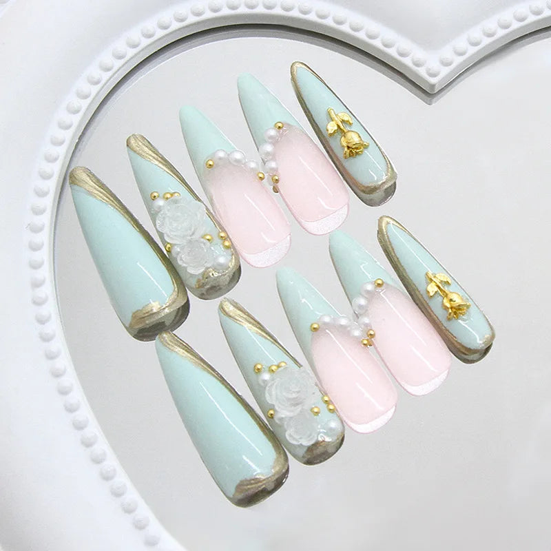 24 fake nails, duck nails almond nails fashionable wearable nails, ladies press nails, including 1 nail glue and 1 nail file