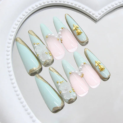 24 fake nails, duck nails almond nails fashionable wearable nails, ladies press nails, including 1 nail glue and 1 nail file