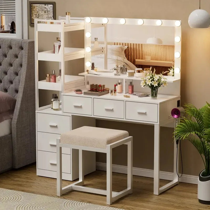 Bedroom Wood Modern Furniture Vanity Dressing Table Makeup Vanity Desk with Large Mirror and Drawers for Makeup