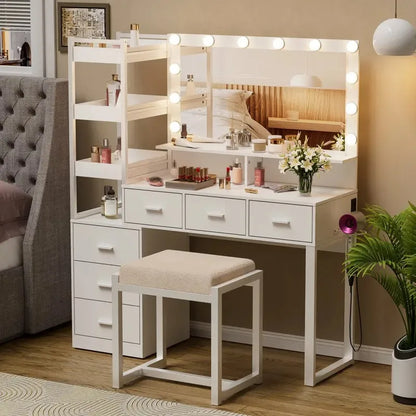 Bedroom Wood Modern Furniture Vanity Dressing Table Makeup Vanity Desk with Large Mirror and Drawers for Makeup