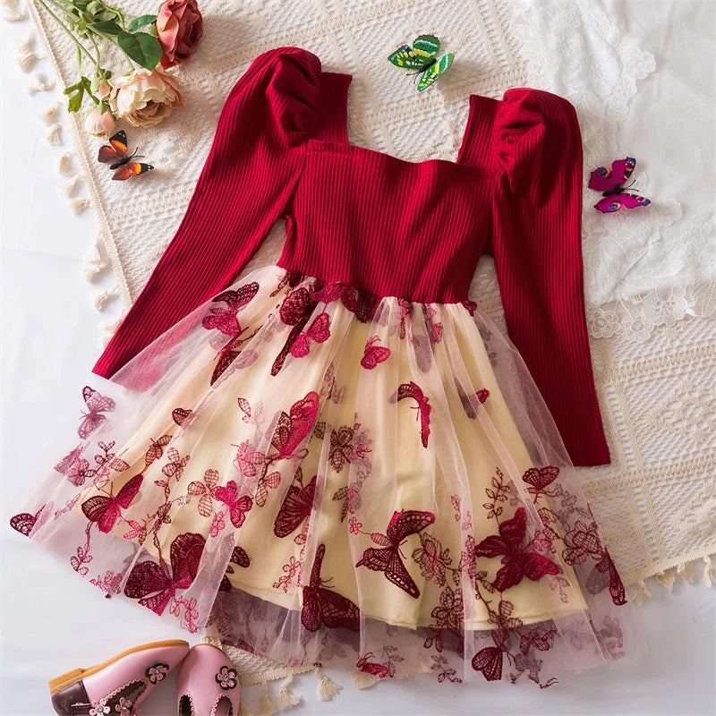 Elegant New Girl Embroidery Flower Girl Dresses for Wedding Autumn Winter Long Sleeve Princess Birthday Party Clothing 3-8Yrs