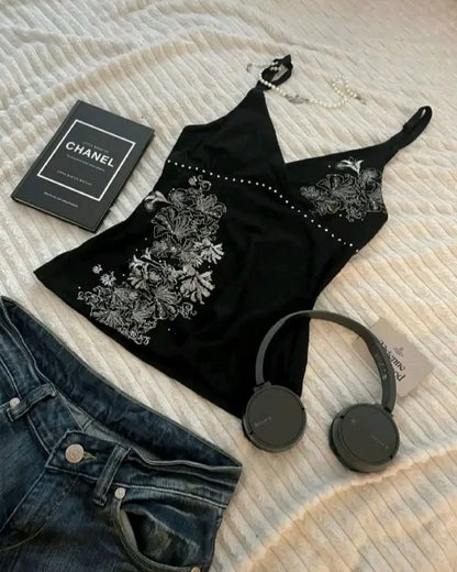 Vintage Clothes Women Camis Punk Sexy Casual Backless Flowers Gothic Sleeveless Tank Top Hip Hop Femme Grunge Y2k Crop Tops Tees