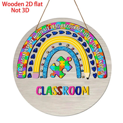 2D Retro Wooden Disc Cartoon Book Flower Design Signboard School Classroom Library After-school Class Door Hanging Decor Gift