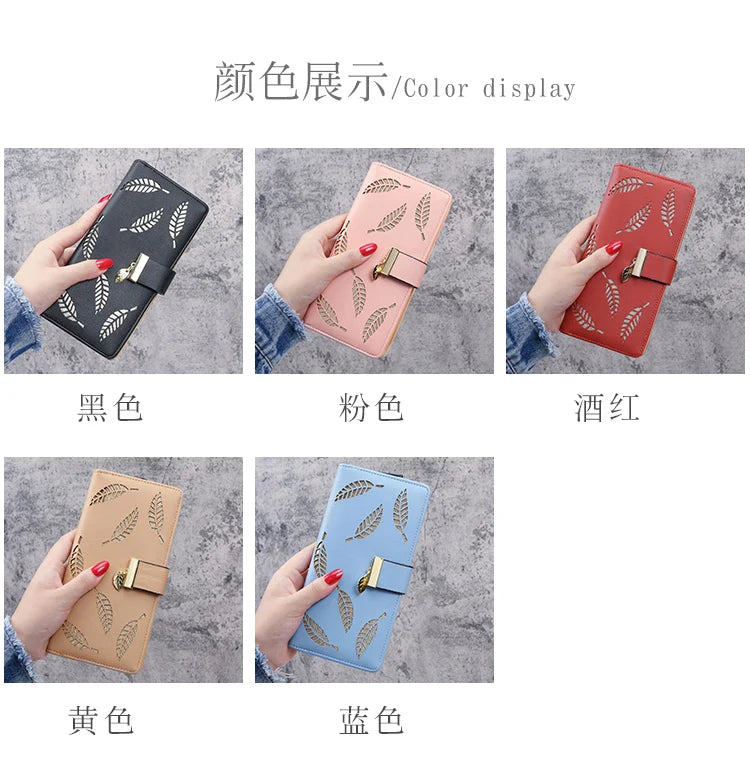 2024 new women's purse sweet lady PU leather horizontal zipper women's medium long hollow leaf purse