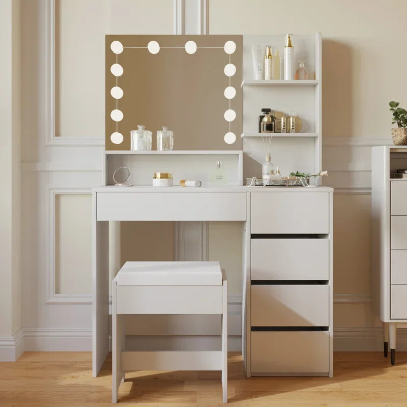 Bedroom Wood Modern Furniture Vanity Dressing Table Makeup Vanity Desk with Large Mirror and Drawers for Makeup