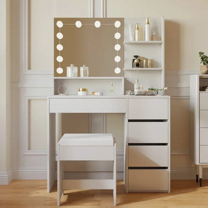 Bedroom Wood Modern Furniture Vanity Dressing Table Makeup Vanity Desk with Large Mirror and Drawers for Makeup