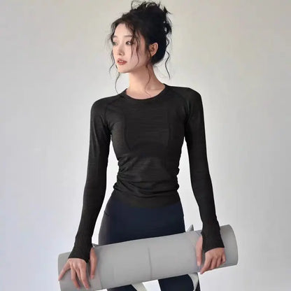 Yoga Clothes for Women, Sports Tops, Round Neck,, Seamless, Slim, Running Shirt Fitness Workout Long Sleeves Gym T shirt, Winter