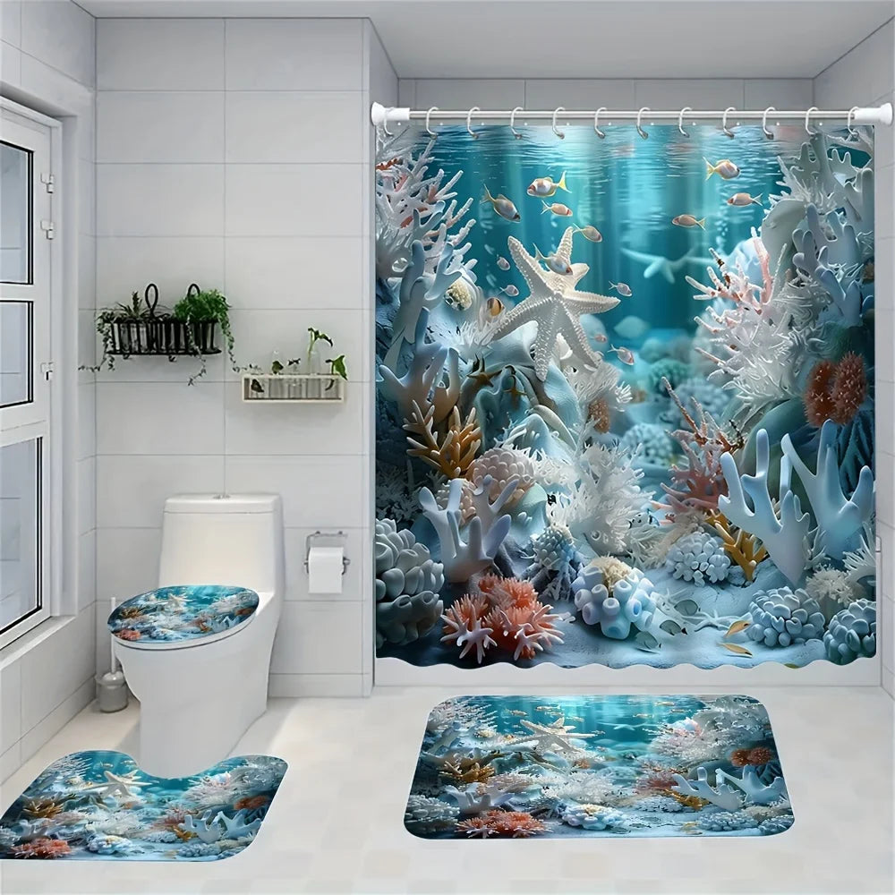 Enchanting Underwater Coral Reef Bathroom Set - Waterproof Shower Curtain, Toilet Lid Cover, Bath Mat, and Contour Mat