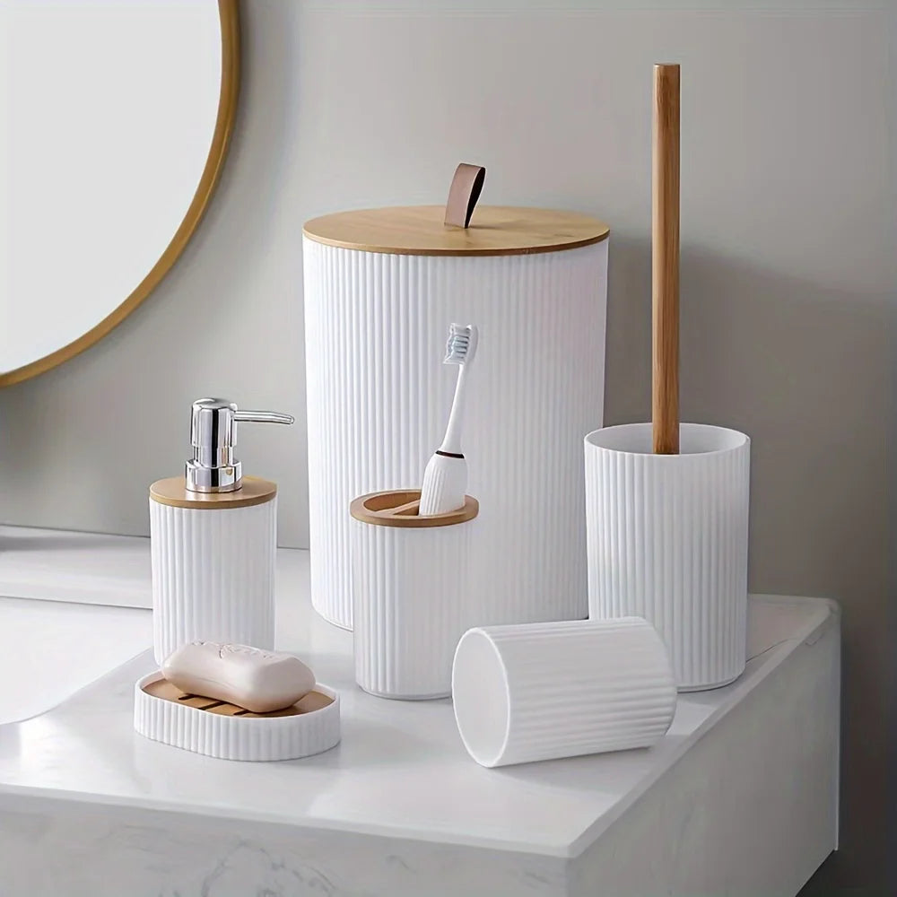 Modern Bathroom Essentials Set/Includes Toothbrush Holder, Waste Bin, Toilet Brush, Cup, Soap Dish and Soap Dispenser