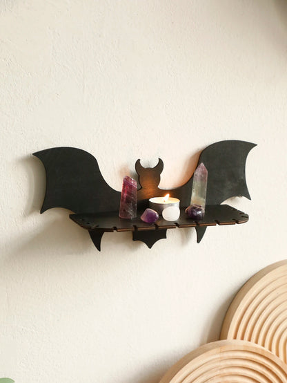Wooden Shelf Gothic Bat Wall Hanging Decor Black Floating Shelves Display Stand Crystal Holder Witch Home Decor Halloween Decor