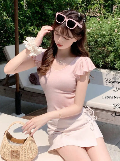 Women Clothes Summer Casual Fashion Simplicity Solid Color V-neck Tops Women's Trend All-match Sweet Temperament Slim T-Shirt