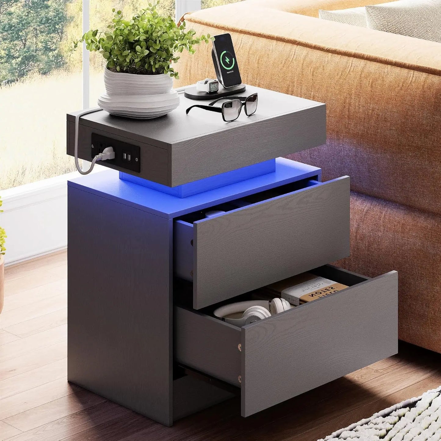 Night Stand with Charging Station, Modern Black Nightstand with LED Light and Drawers, Bedside Tables/End Table for Bedroom