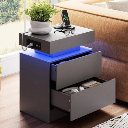 Night Stand with Charging Station, Modern Black Nightstand with LED Light and Drawers, Bedside Tables/End Table for Bedroom
