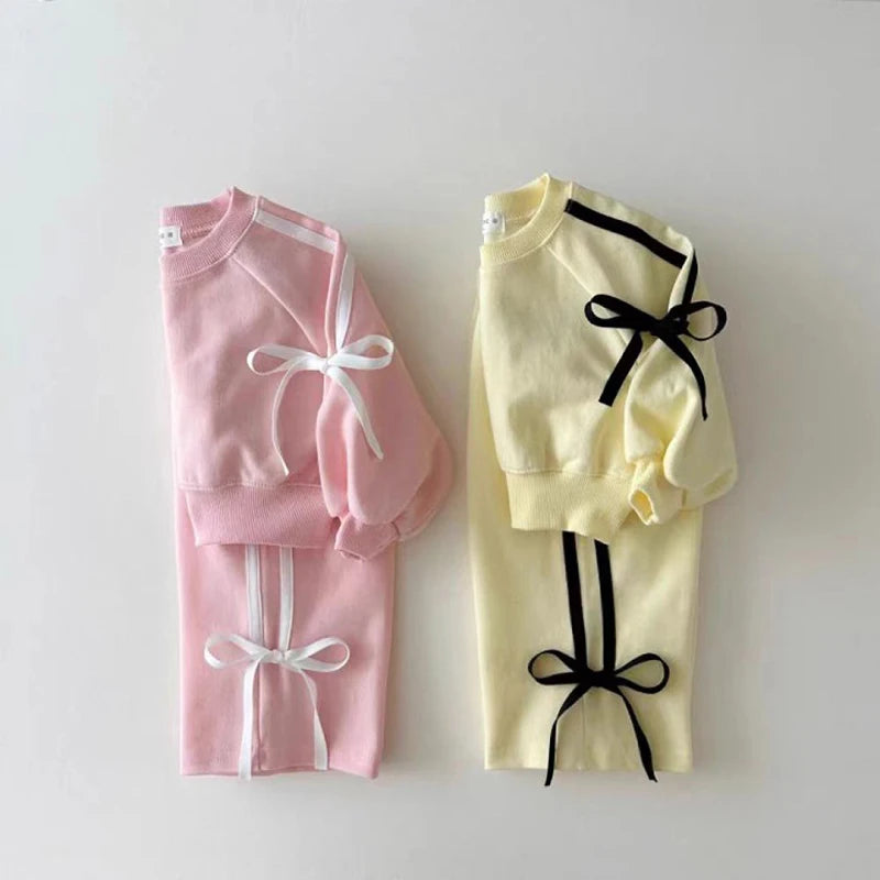 MILANCEL 2024 Autumn Children's Clothing 0-5Y Girls Bow Hoodies and Pants Set Kid's Sports Pullover Suit Sweatshirt 2Pcs