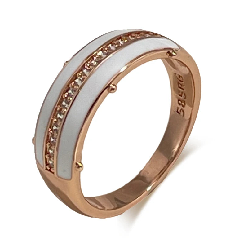 SYOUJYO White Enamel Rings For Women Natural Zircon Full Paved 585 Rose Gold Color Glossy Simple Stylish Daily Wear Jewelry