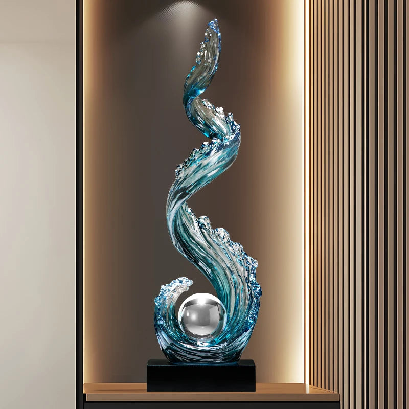 Home Decor Wind and Water Rising Decorations,Blue Resin Sculpture Luxury Living Room Entrance Vertical Art Decoration Customized