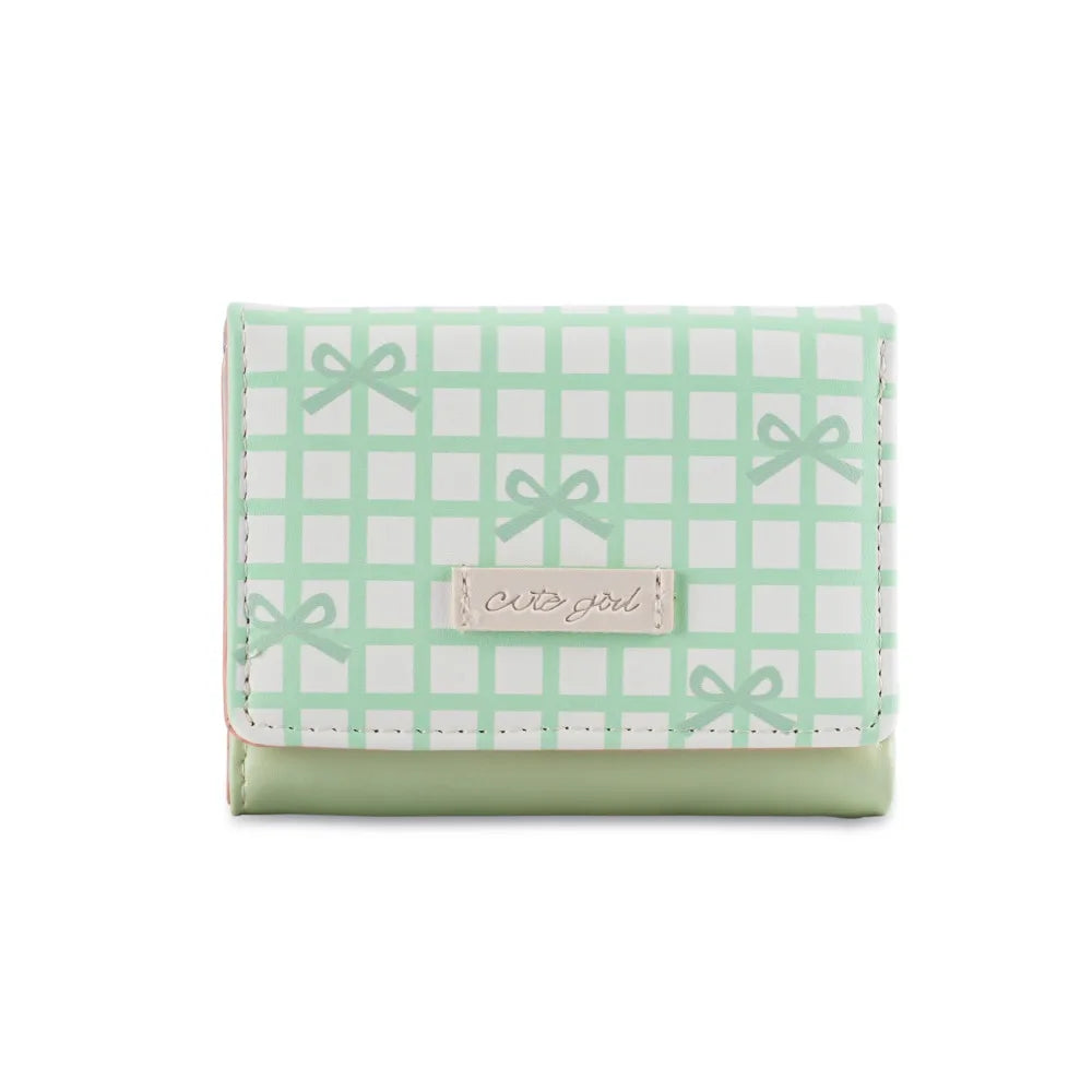 Portable Sweet Cute Tri-Fold Purses Multiple Card Slot Lattice Bow Short Wallet Candy Color PU Leather Women Card Holder Daily