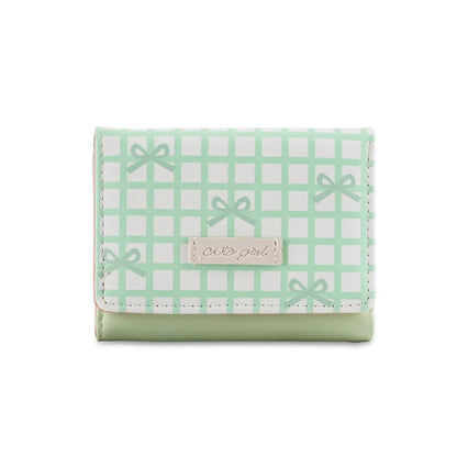 Portable Sweet Cute Tri-Fold Purses Multiple Card Slot Lattice Bow Short Wallet Candy Color PU Leather Women Card Holder Daily