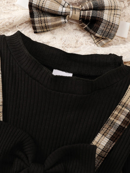 New Baby Girl Spring And Autumn Black Checkered Fake Two-piece Big Bow Headband Dress For Daily Outdoor Wear