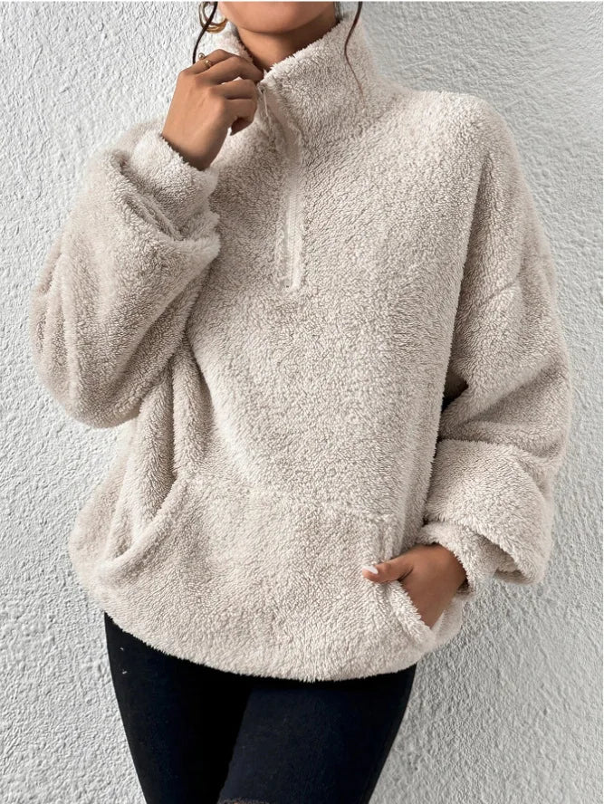 2024 Autumn Winter Fashion Women Velvet hoodie Solid Color Thickened Plush Pullover Big pocket Warm Long Sleeve Lady Sweatshirt
