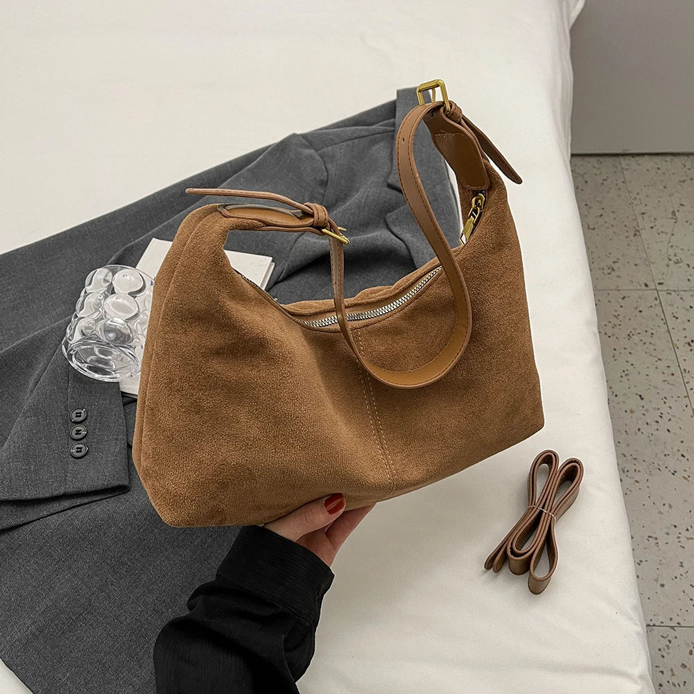 Vintage Handbag Purse for Women Suede Shoulder Bag Causal Crossbody Bags Female Luxury Designer Clutch Ladies Crescent Hobo Bag