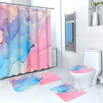 3D Blue Marble Print Shower Curtain 4 Piece Carpet Cover Toilet Cover Bath Mat Pad Set Bathroom Curtain with 12 Hooks Home Decor