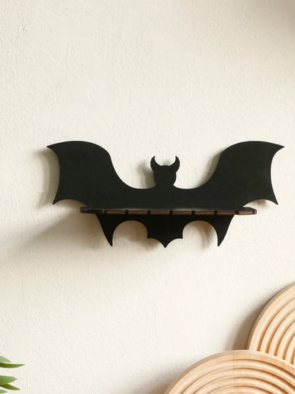 Wooden Shelf Gothic Bat Wall Hanging Decor Black Floating Shelves Display Stand Crystal Holder Witch Home Decor Halloween Decor
