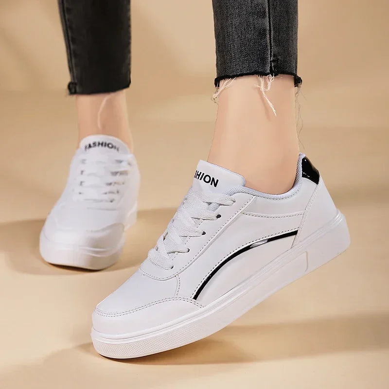 Women Casual Shoes Lace Up White Shoes Board Flat Female White PU Leather Walking Sneakers Thick Sole Outdoor Luxury Fashion