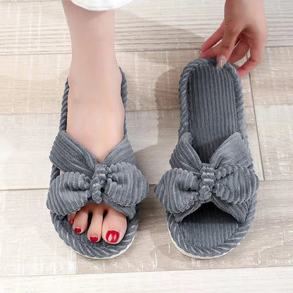 Summer House Slippers for Women Corduroy Cross Bow Indoor Slippers Slip On Bedroom Shoes with Soft Memory Foam Anti-Skid Shoes