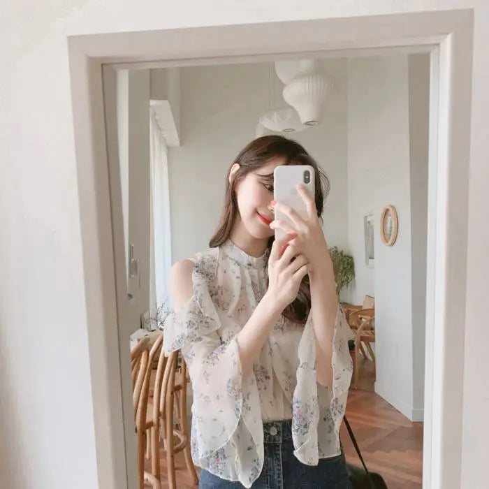 Fashion Woman Off Shoulder Blouse Shirts For Women Stylish Top long Sleeve Female Tops Elegant Chiffon Mujer Woman Clothes